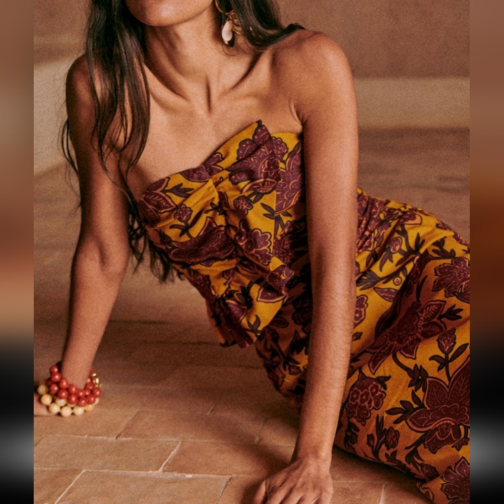 Sezane Pauline Floral Midi Dress- Flowers On Ochre Background - Picture 2 of 12